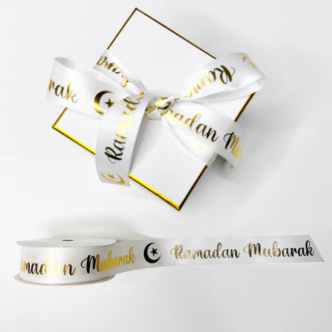 Ramadan Mubarak White Satin Ribbon