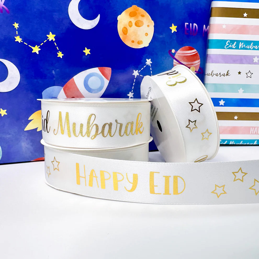 Eid Mubarak & Happy Eid White Satin Ribbon