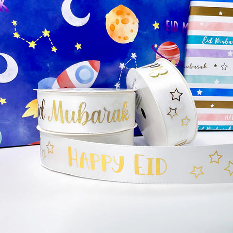 Eid Mubarak & Happy Eid White Satin Ribbon